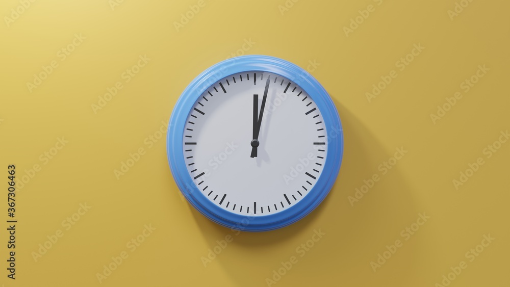 Glossy blue clock on a orange wall at two past twelve. Time is 00:02 or 12:02 Glossy blue clock on a orange wall at two past twelve. Time is 00:02 or 12:02