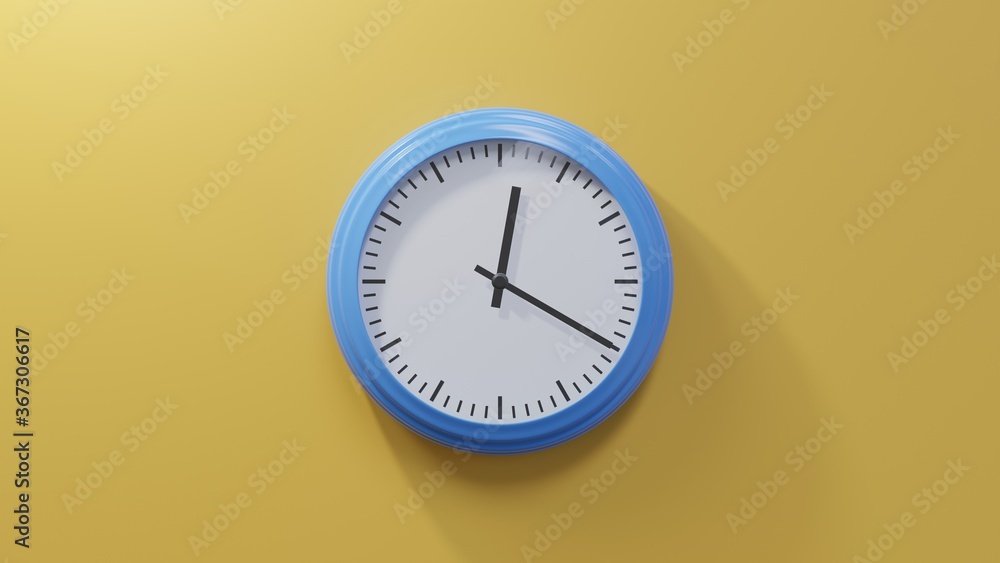 Glossy blue clock on a orange wall at twenty past twelve. Time is 00:20 or 12:20 Glossy blue clock on a orange wall at twenty past twelve. Time is 00:20 or 12:20