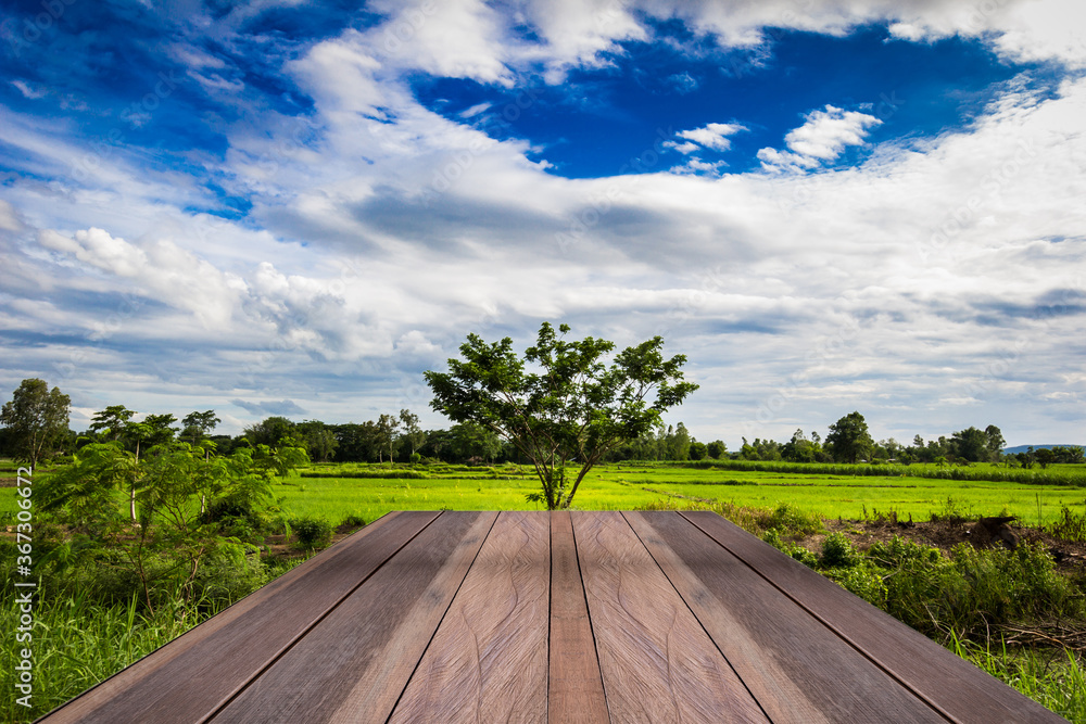 Empty perspective brown wood plank table top with blue sky mountain with and nature landscape. for montage of your product Empty perspective brown wood plank table top with blue sky mountain with and nature landscape. for montage of your product