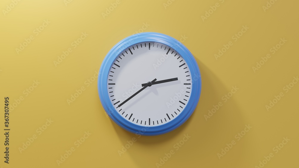 Glossy blue clock on a orange wall at thirty-nine past two. Time is 02:39 or 14:39 Glossy blue clock on a orange wall at thirty-nine past two. Time is 02:39 or 14:39