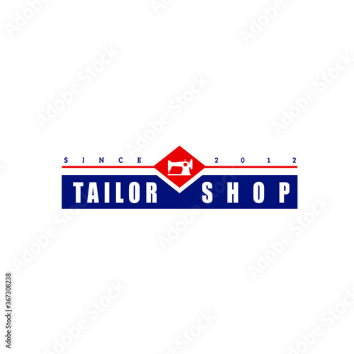 Vector illustration of tailor shop logo with silhouette of sewing machine and diamond background isolated on white background