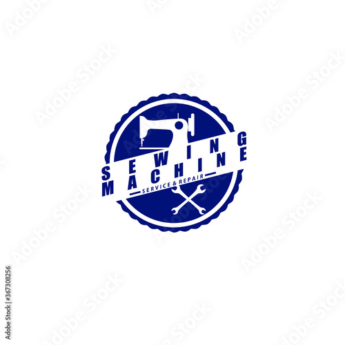Circle frame vector with vintage sewing machine silhouette, wrench and bold font isolated on white background good for service and repair company logo or badge