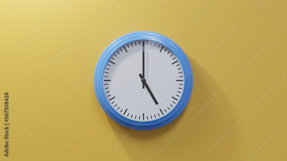 Glossy blue clock on a orange wall at five o'clock. Time is 05:00 or 17:00
