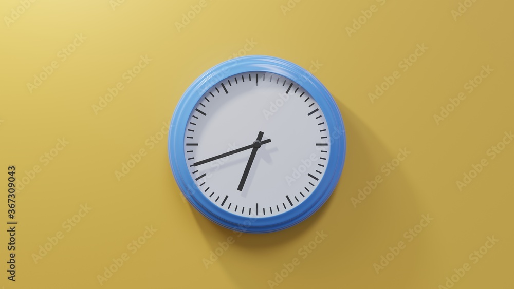 Glossy blue clock on a orange wall at forty-two past six. Time is 06:42 or 18:42 Glossy blue clock on a orange wall at forty-two past six. Time is 06:42 or 18:42
