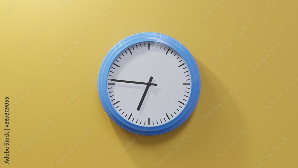 Glossy blue clock on a orange wall at forty-six past six. Time is 06:46 or 18:46 Glossy blue clock on a orange wall at forty-six past six. Time is 06:46 or 18:46