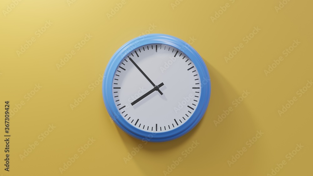 Glossy blue clock on a orange wall at fifty-three past seven. Time is 07:53 or 19:53 Glossy blue clock on a orange wall at fifty-three past seven. Time is 07:53 or 19:53