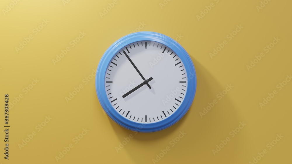 Glossy blue clock on a orange wall at fifty-four past seven. Time is 07:54 or 19:54 Glossy blue clock on a orange wall at fifty-four past seven. Time is 07:54 or 19:54