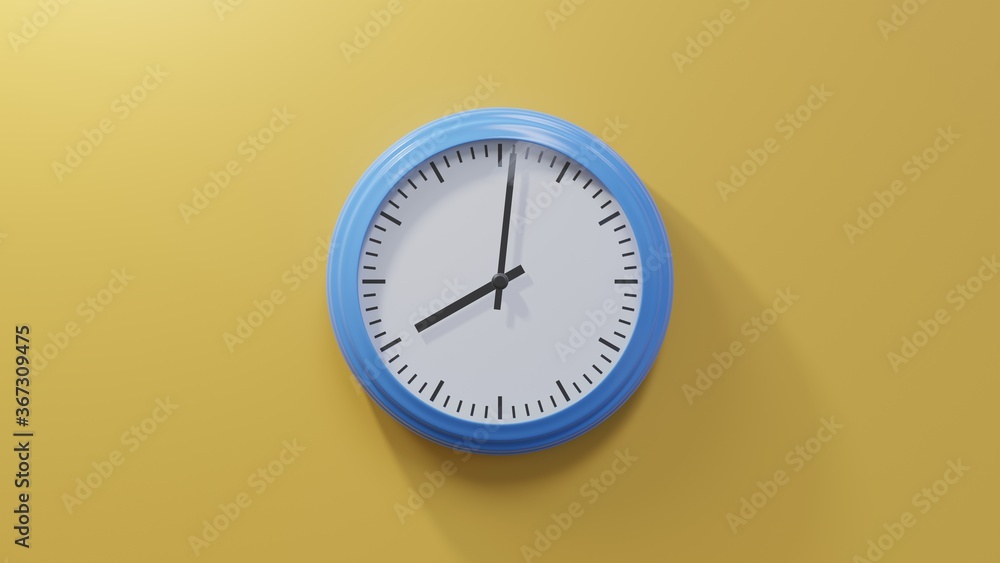 Glossy blue clock on a orange wall at one past eight. Time is 08:01 or 20:01 Glossy blue clock on a orange wall at one past eight. Time is 08:01 or 20:01
