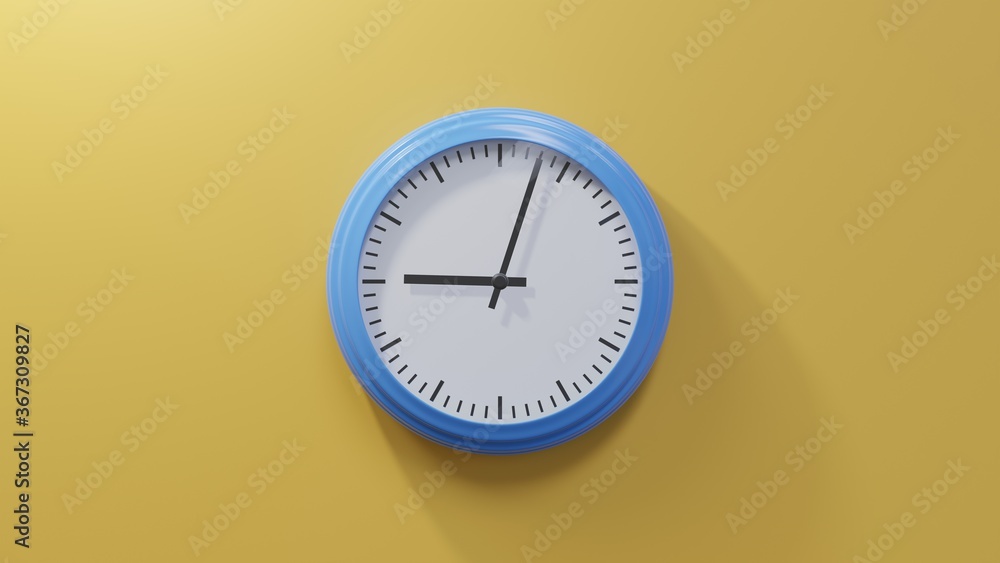 Glossy blue clock on a orange wall at three past nine. Time is 09:03 or 21:03 Glossy blue clock on a orange wall at three past nine. Time is 09:03 or 21:03
