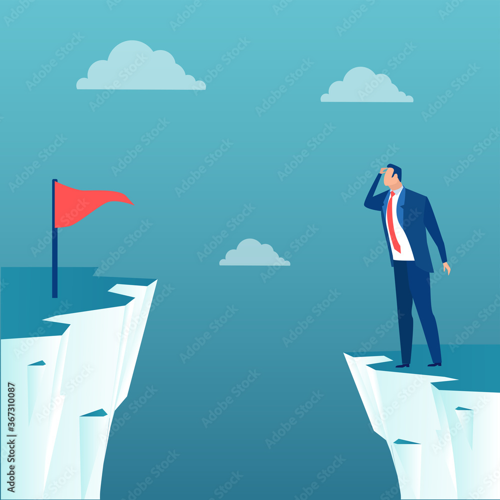 Obraz premium Vector of a business man standing on a cliff thinking how to achieve career goals