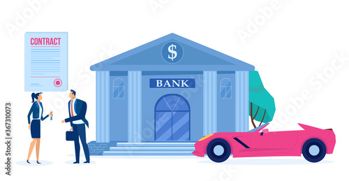 Vector of a man and a salesperson with approved car loan and a new modern auto on a bank building background