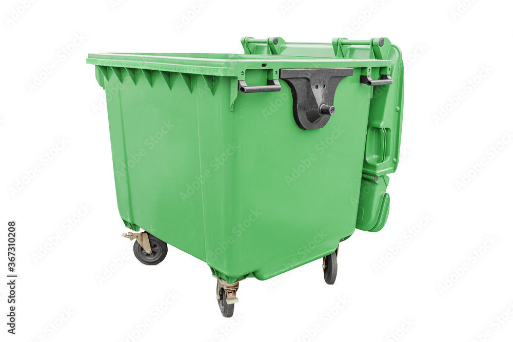 Green street trash can with wheels isolated on a white background. Municipal environmental management and garbage collection services Green street trash can with wheels isolated on a white background. Municipal environmental management and garbage collection services