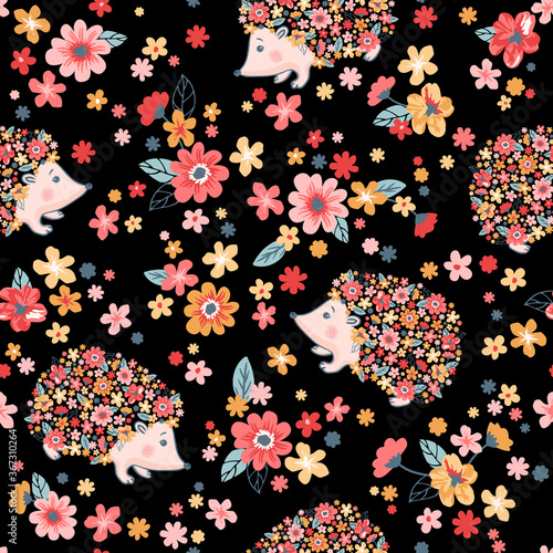 Murais de parede Seamless childish floral pattern with flowers and cute hedgehogs