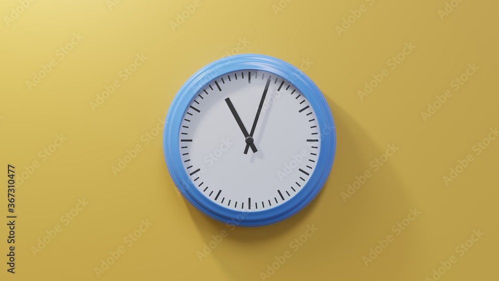 Glossy blue clock on a orange wall at three past eleven. Time is 11:03 or 23:03 Glossy blue clock on a orange wall at three past eleven. Time is 11:03 or 23:03