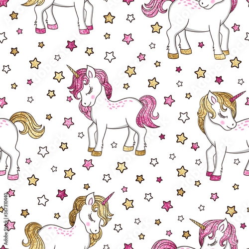 Vector fairytale seamless pattern with gold and pink glitter unicorns and stars. Magic cartoon background