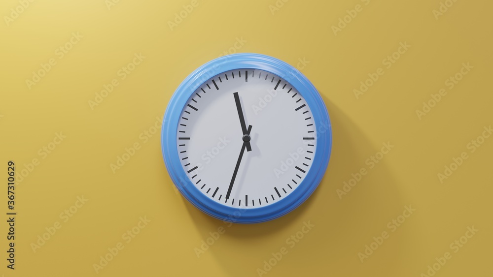 Glossy blue clock on a orange wall at thirty-three past eleven. Time is 11:33 or 23:33 Glossy blue clock on a orange wall at thirty-three past eleven. Time is 11:33 or 23:33