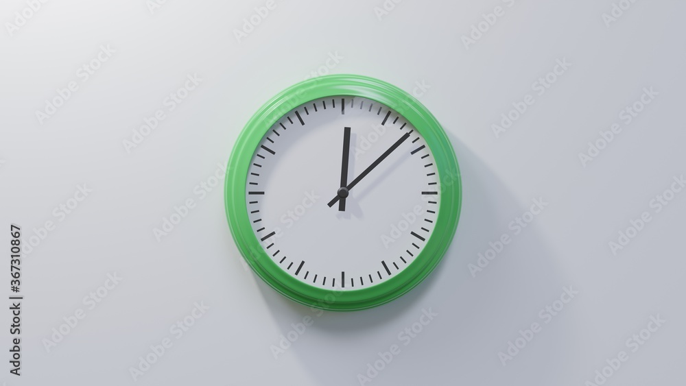 Glossy green clock on a white wall at eight past twelve. Time is 00:08 or 12:08 Glossy green clock on a white wall at eight past twelve. Time is 00:08 or 12:08