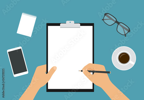 Flat design illustration of workspace on table top. Hand holding pencil and clipboard with blank white sheet of paper. Cup of coffee with glasses and mobile phone. Space for text or drawing, vector