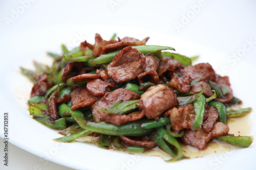 Close up view of  Chinese very popular spicy Sichuan cuisine Chili Pepper Fried Pork 