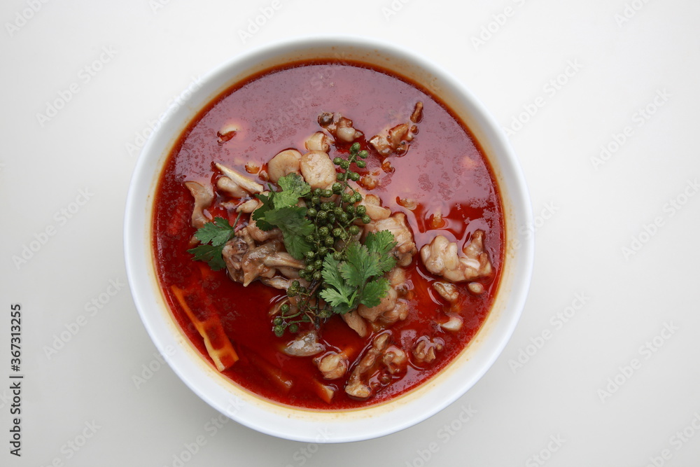 Close up of Chinese Sichuan province style Cuisine Spring water frog fried in spicy pepper hot soup Close up of Chinese Sichuan province style Cuisine Spring water frog fried in spicy pepper hot soup