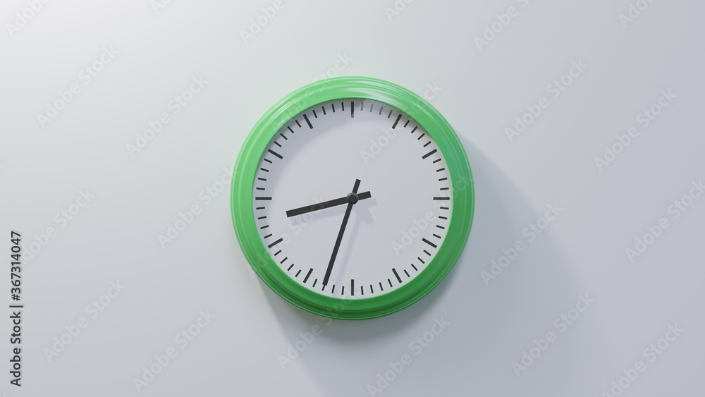 Glossy green clock on a white wall at thirty-three past eight. Time is 08:33 or 20:33 Glossy green clock on a white wall at thirty-three past eight. Time is 08:33 or 20:33