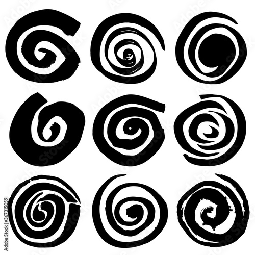  Set of swirling circles. Black spiral circles of ink. Swirling grungy elements. Hypnotic spiral movement