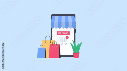 Mobile shopping. App for shopping online using a smartphone. Conceptual 4k animation video
