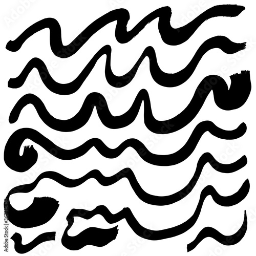 Wavy ink lines. Black brush strokes. Collection of black smears