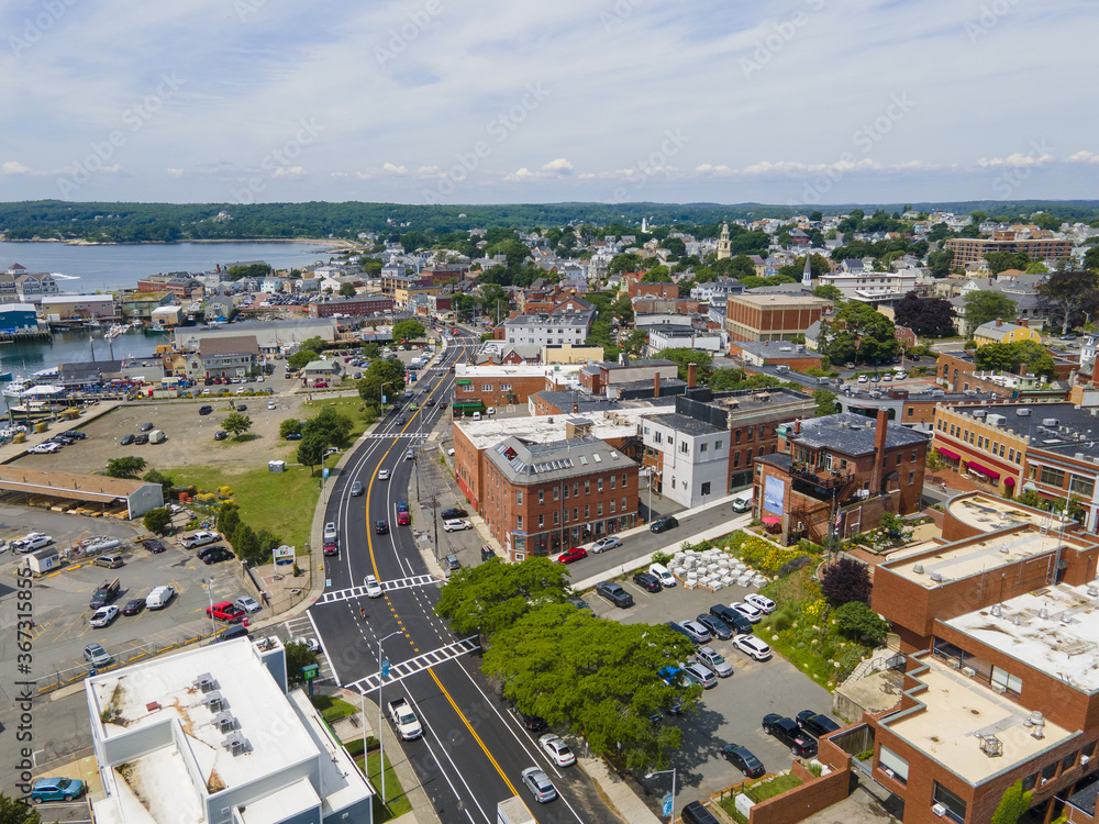 Gloucester city and inner harbor aerial view, Gloucester, Cape Ann, Massachusetts MA, USA.