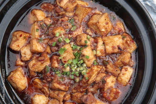 Close up of a typical Cantonese and Hong Kong cuisine Braised diced chicken, salted fish, and Tofu Clay Pot