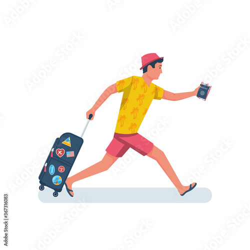 Man hurry on vacation. Young male in a beach dress with suitcase runs on plane. Discovery of travel. Vector flat design. Isolated on white background. Going on vacation. Weekend to an exotic country