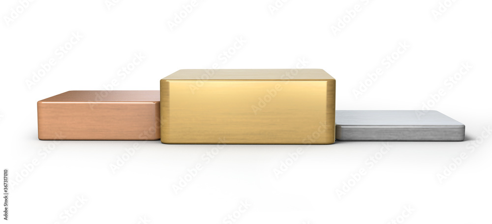 Gold, bronze and silver podium in square shape for winner and product display with clipping path. 3d illustration. Gold, bronze and silver podium in square shape for winner and product display with clipping path. 3d illustration.
