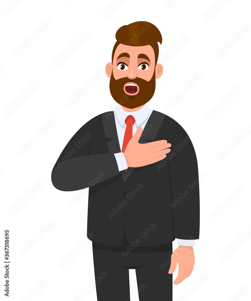 Shocked young business man having heart ache, holding hand on chest. Heart attack or stroke. Stressed person suffering chest pain. Healthcare, modern lifestyle illustration in vector cartoon style. Shocked young business man having heart ache, holding hand on chest. Heart attack or stroke. Stressed person suffering chest pain. Healthcare, modern lifestyle illustration in vector cartoon style.