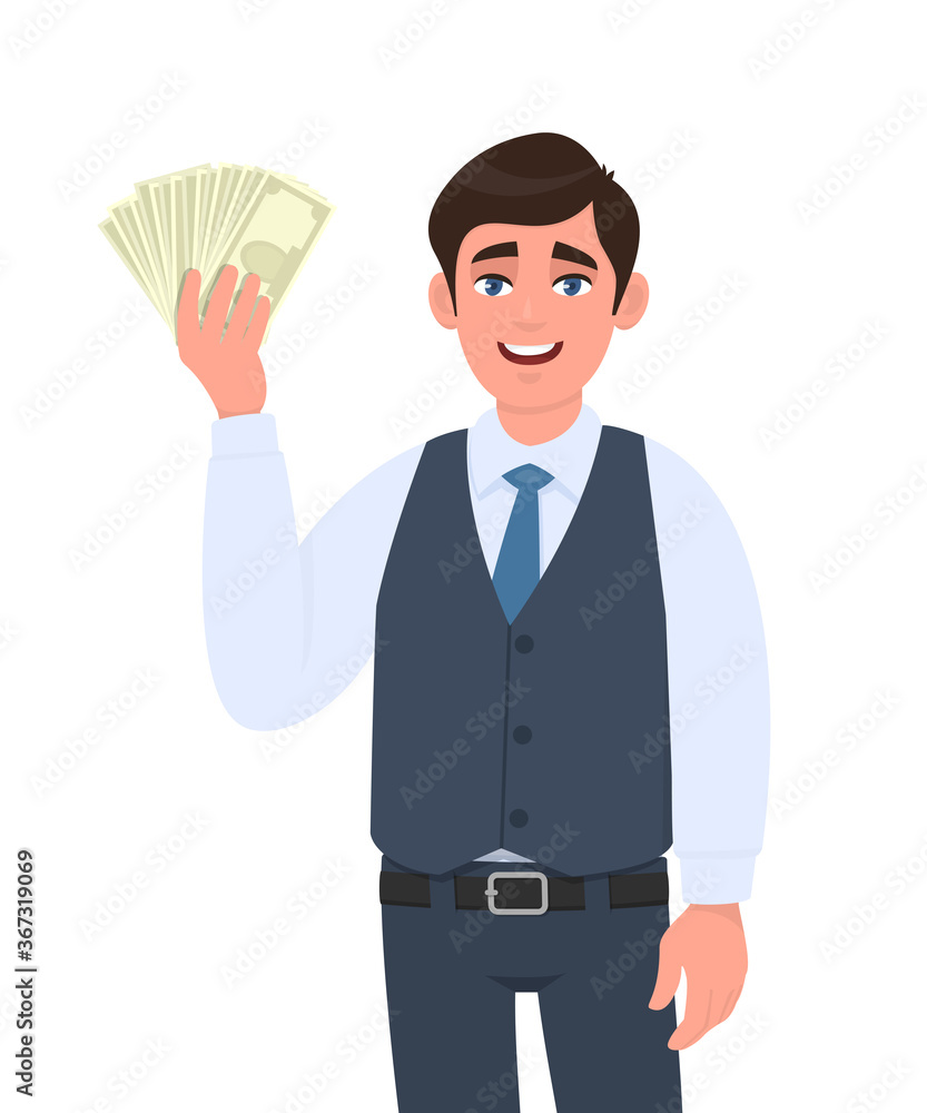 Happy young businessman in waistcoat showing cash or currency notes in hand. Trendy person holding banknotes. Male character displaying money or dollar. Cartoon illustration design in vector style. Happy young businessman in waistcoat showing cash or currency notes in hand. Trendy person holding banknotes. Male character displaying money or dollar. Cartoon illustration design in vector style.
