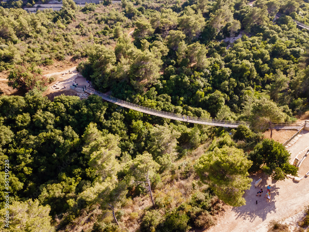 Aerial view  to the public Nesher Park suspension bridges in Nesher city in northern Israel