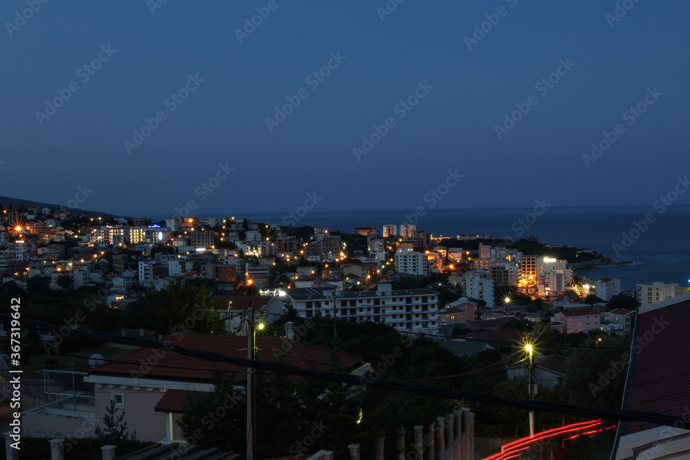 Night landscape of Dobra Voda city, Montenegro.