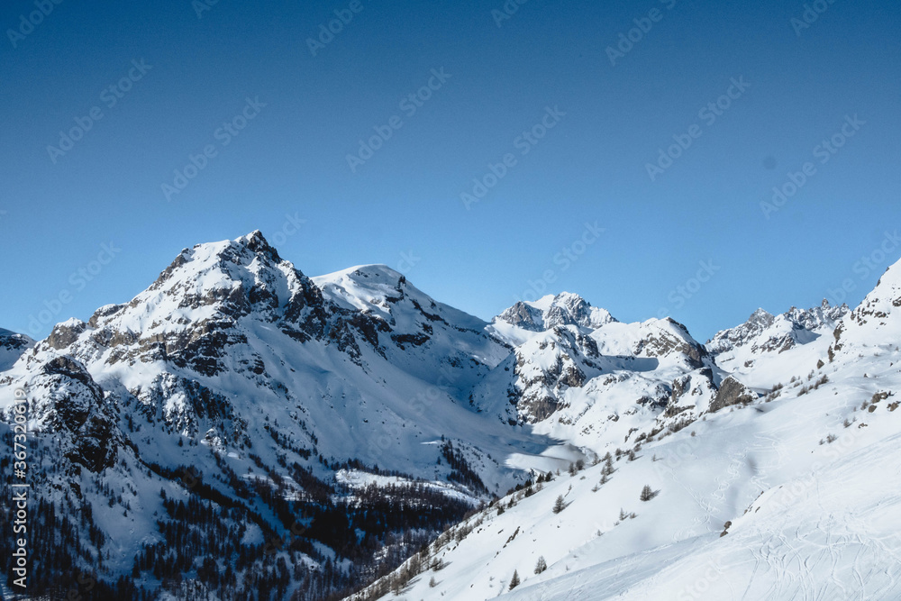 Serre-Chevalier, French Alps, mountain cover by snow on a sunny day