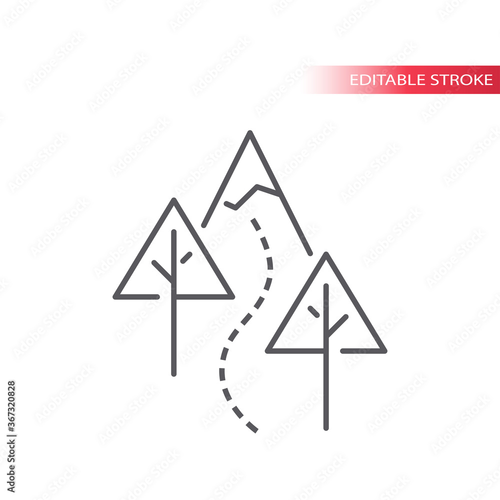 Hiking trail with trees and mountain vector icon. Outdoor hiking in nature outline symbol, editable stroke. Hiking trail with trees and mountain vector icon. Outdoor hiking in nature outline symbol, editable stroke.