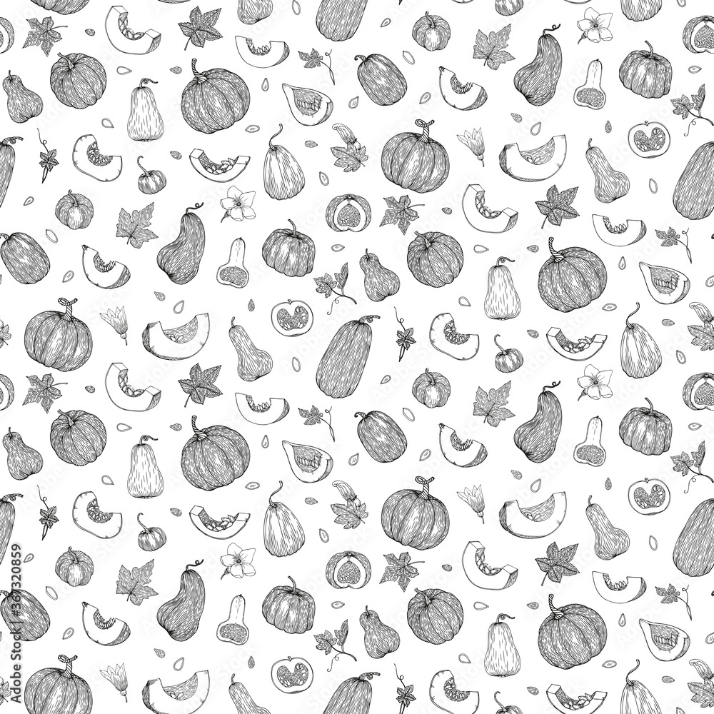 Fototapeta premium Vector botanical seamless pattern with pumpkins, flowers and leaves in sketch style. Black and white background of pumpkins, squash, seed. Cute autumn texture for thanksgiving, harvest and halloween.