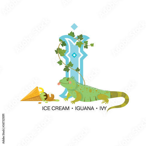 ABC Nursery Decor Print. Letter I is for iguana with ice cream and ivy
