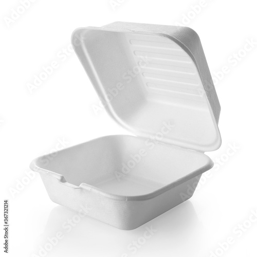 Blank opened white craft burger box isolated on white background. Empty eco friendly disposable package for burger & sandwich. Clear delivery kraft box for fast food, branding, mock up & template.