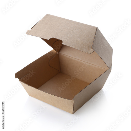 Blank opened brown craft burger box isolated on white background. Empty eco friendly disposable package for burger & sandwich. Clear delivery kraft box for fast food, branding, mock up & template.