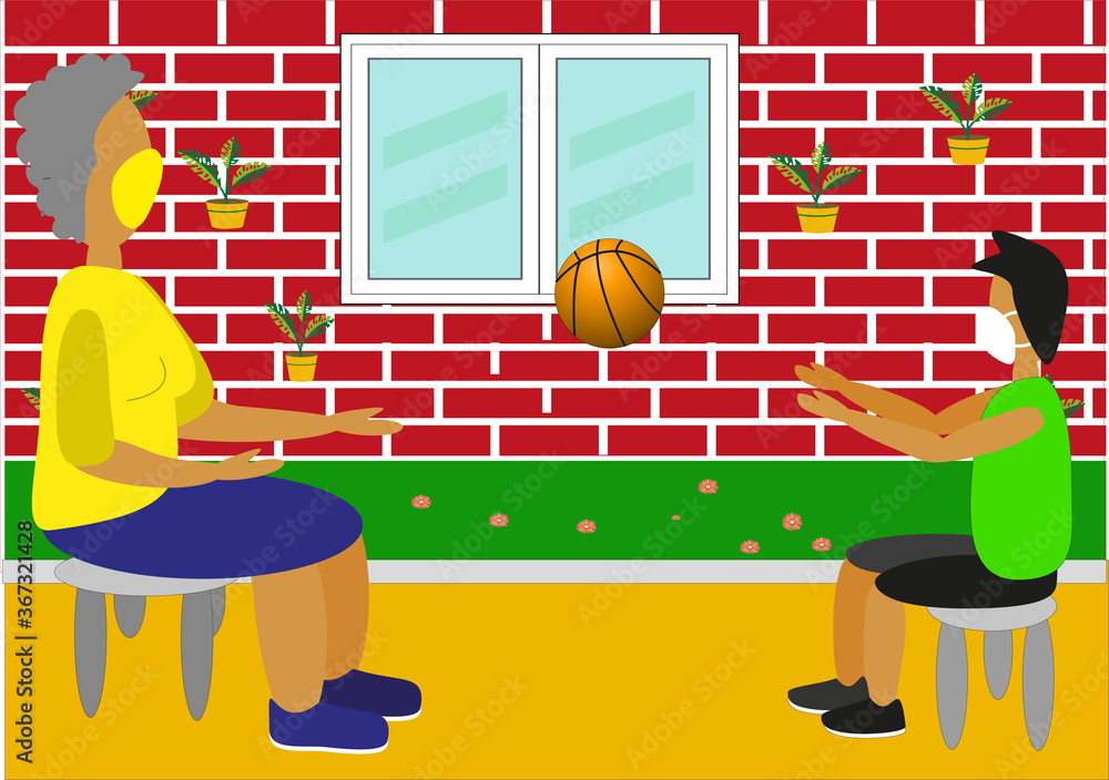Abuela y nieto con mascarilla jugando con el balón en el jardín de casa