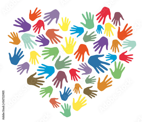Colorful hands palms in heart shape vector. Love, team, friendship, charity, volunteering, help, community support and social care concept