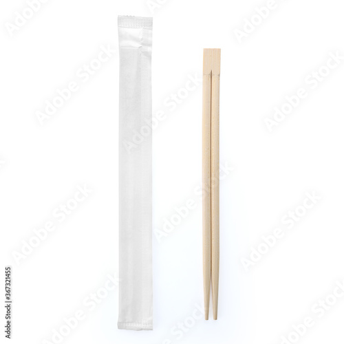 Blank wooden chopstick mockup isolated on white background. Clean disposable cutlery mock up for food delivery. Clear kitchenware for template. Eco cutlery one time use for picnic. Studio Photography.