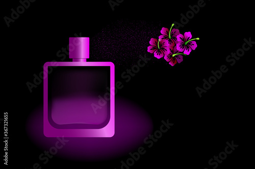 Perfume water is sprayed from a glass bottle. Flower buds emphasize the bright and feminine fragrance of the perfume composition.