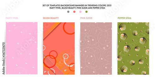 Pastel colored Creative backgrounds for social media templates. Set of banners in trending colors Party Pink, Blush Beauty, Pink Suede and Pepper Stem background