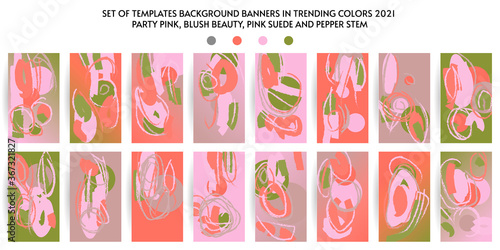 Pastel colored Creative backgrounds for social media templates. Set of banners in trending colors Party Pink, Blush Beauty, Pink Suede and Pepper Stem background