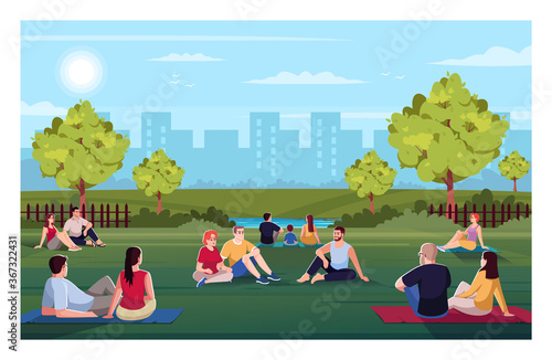 Urban park semi flat vector illustration. Friends rest together outside. Summer recreation for family outdoors. Sit on blanket and lounge. Resting crowd 2D cartoon characters for commercial use