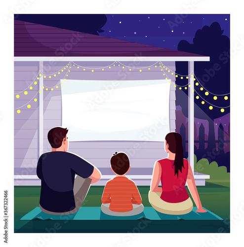 Home cinema semi flat vector illustration. Backyard place for weekend rest. Parents watch film with kid. Night movie for bonding. Married couple with son 2D cartoon characters for commercial use